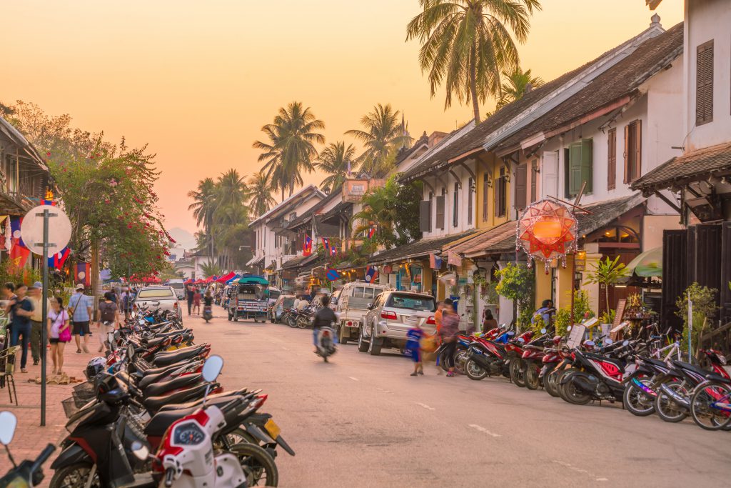 Street,In,Old,Town,Luang,Prabang,,Laos,At,Sunset